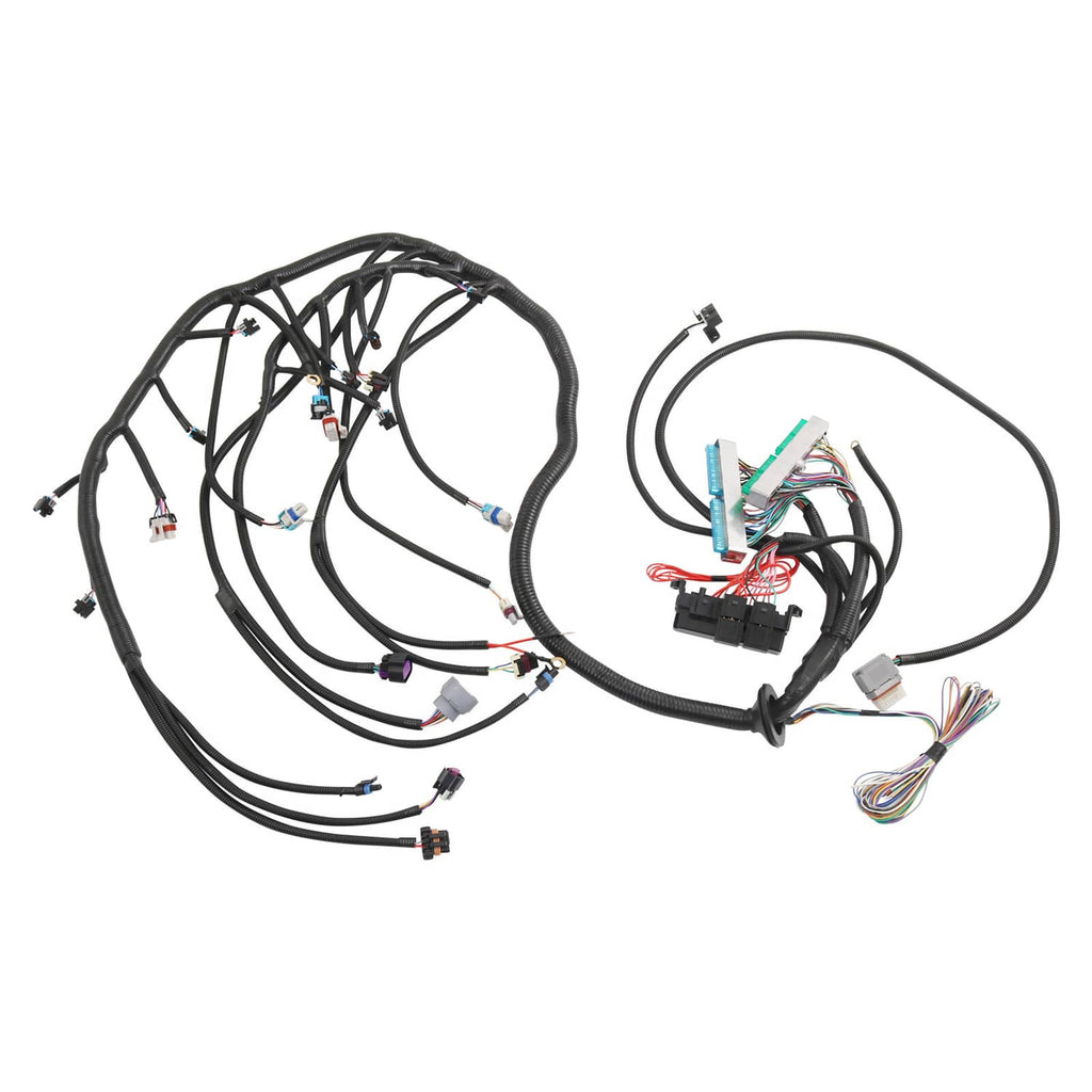 Standalone engine wiring harness with connector blocks and bundled black wires