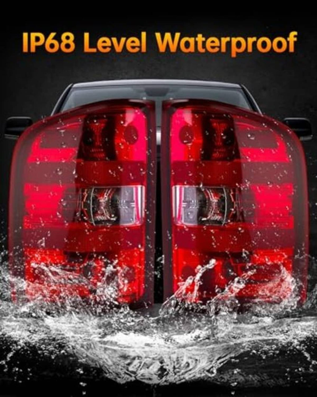 Water-splash test: red rear tail lights with clear and chrome lens sections