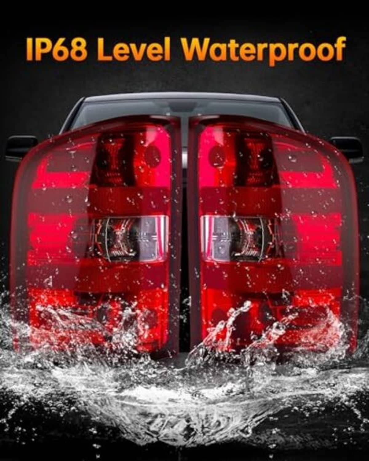 Water-splash test: red rear tail lights with clear and chrome lens sections