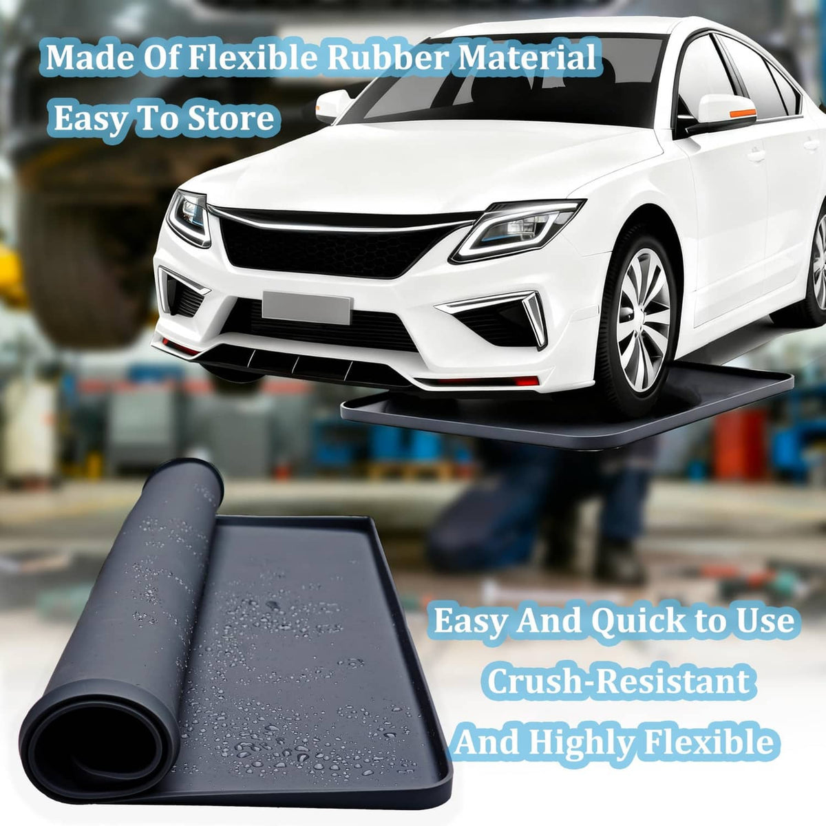 Flexible black oil drip pan on the floor beside a car, rolled for storage