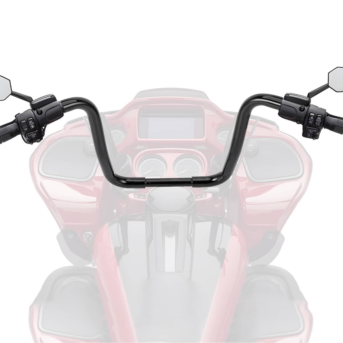 Black ape hanger motorcycle handlebar with central rise and control clamp openings