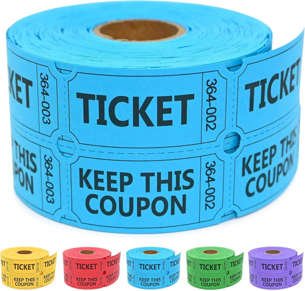 Blue double-roll raffle tickets with perforated stubs, printed “TICKET” and “KEEP THIS COUPON”