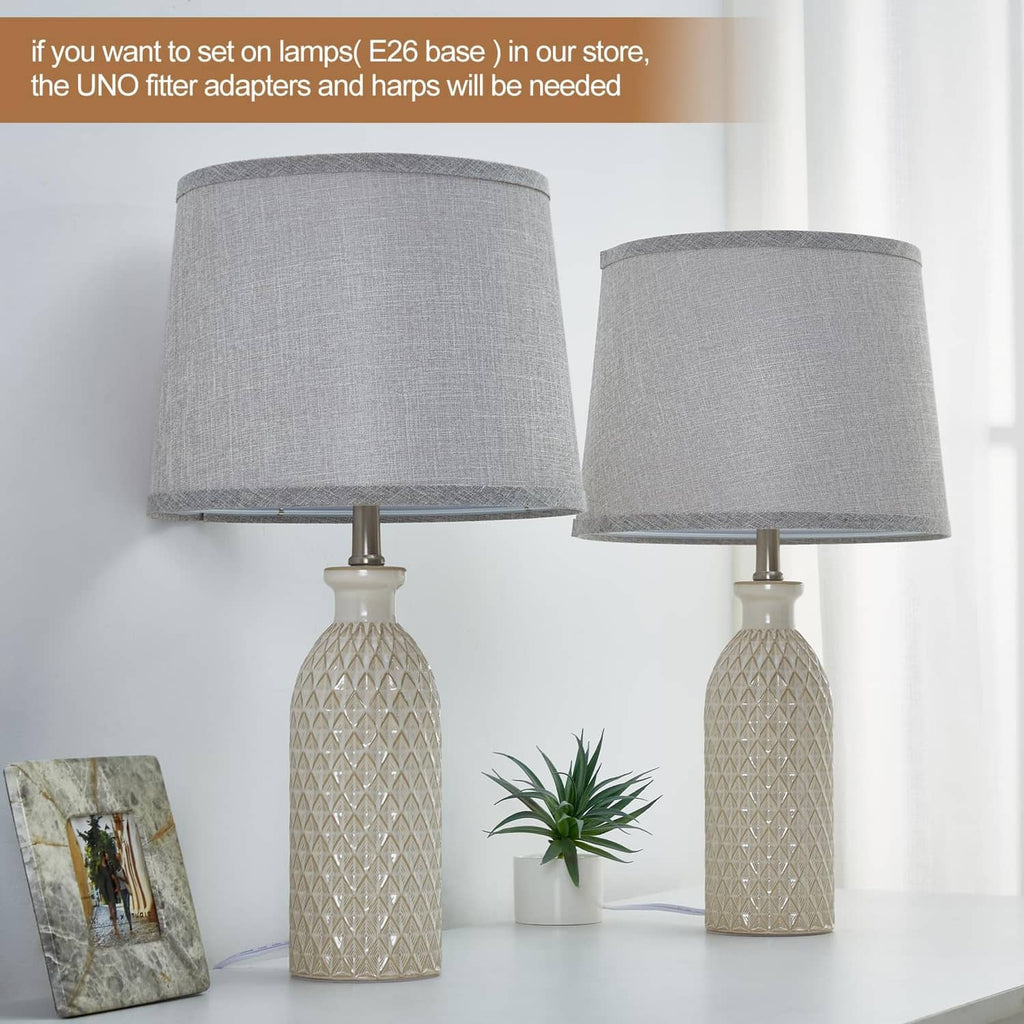 Gray fabric drum lamp shades set of 2 on tabletop lamps with finials