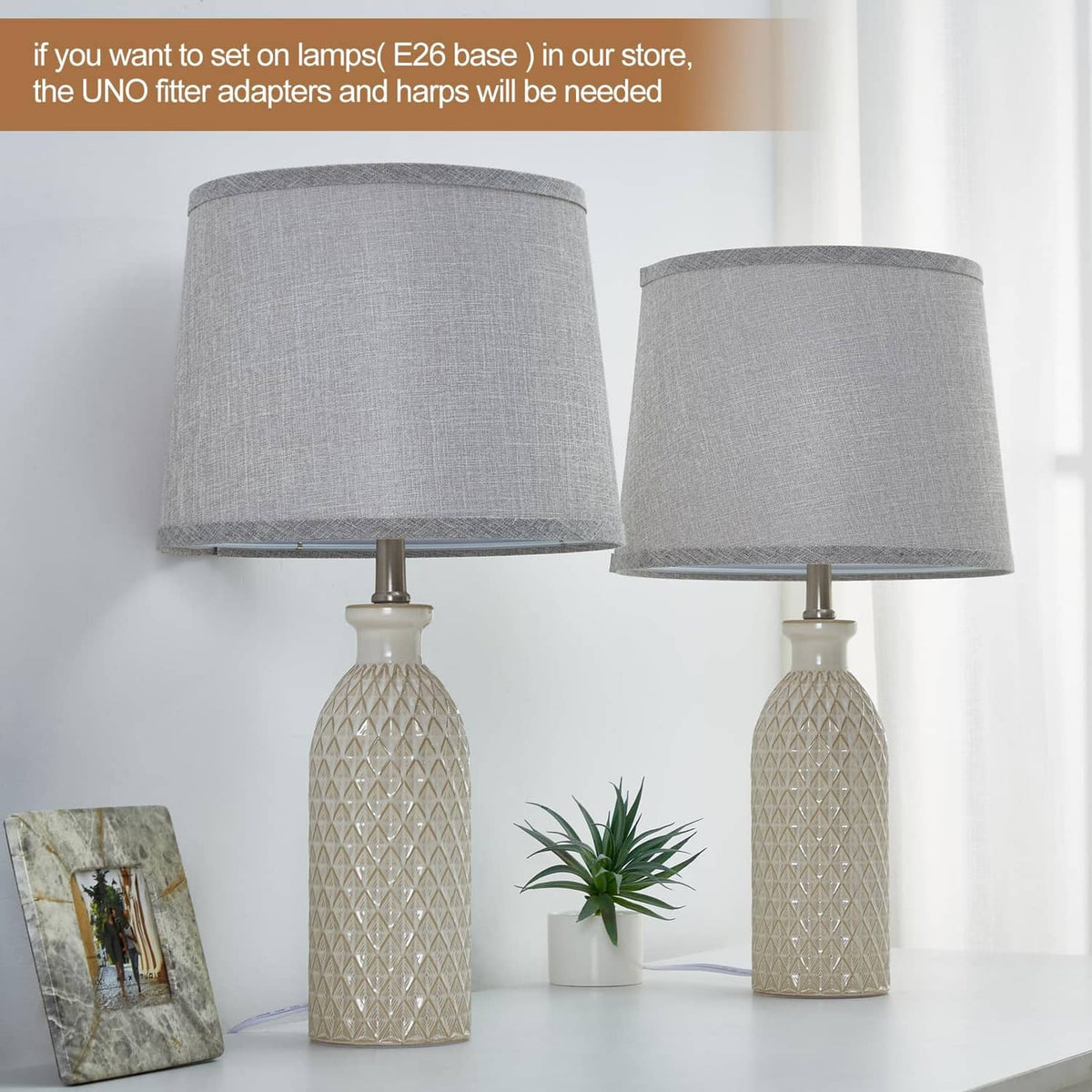 Gray fabric drum lamp shades set of 2 on tabletop lamps with finials