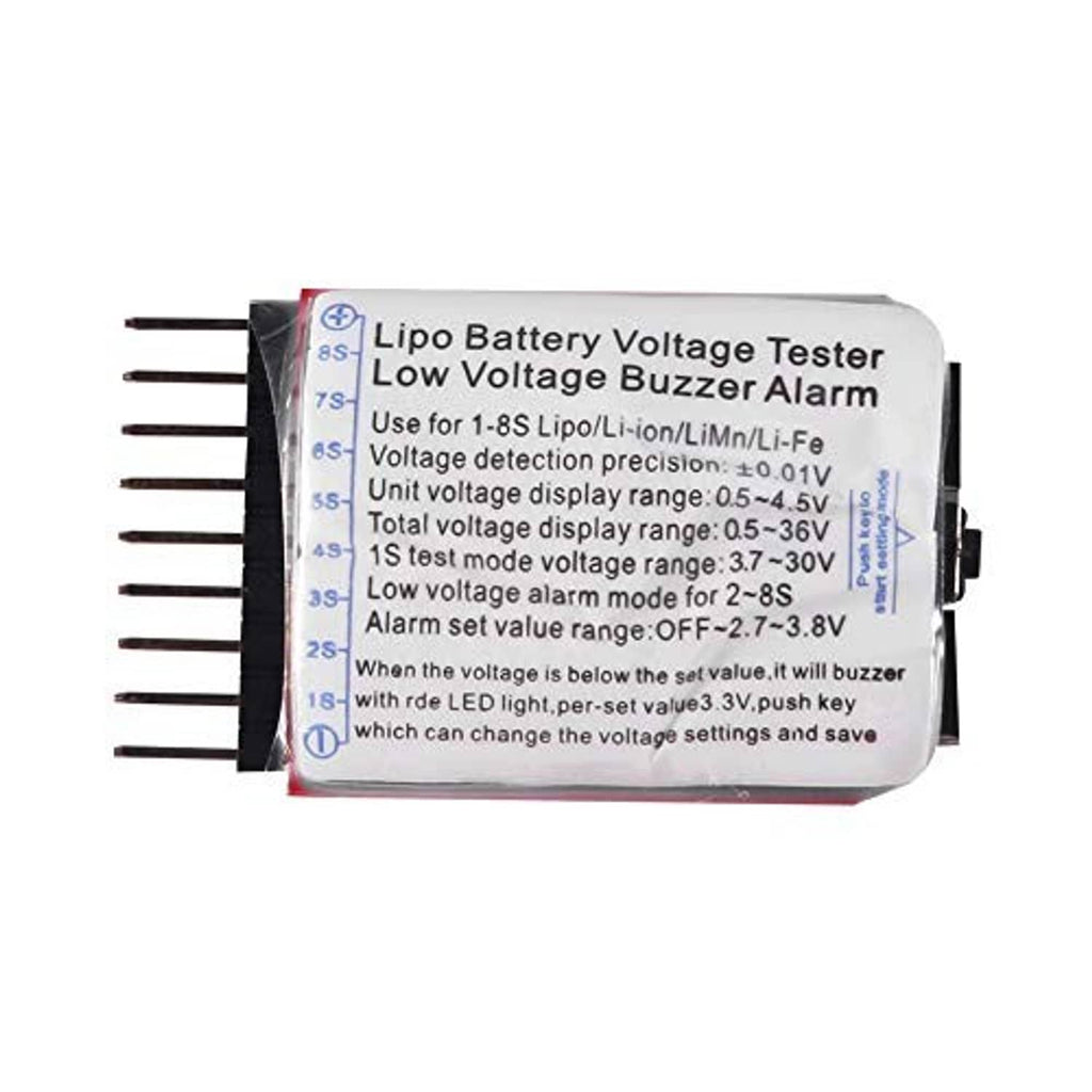 Lipo battery voltage tester with label, side pins, and input jack on a compact board