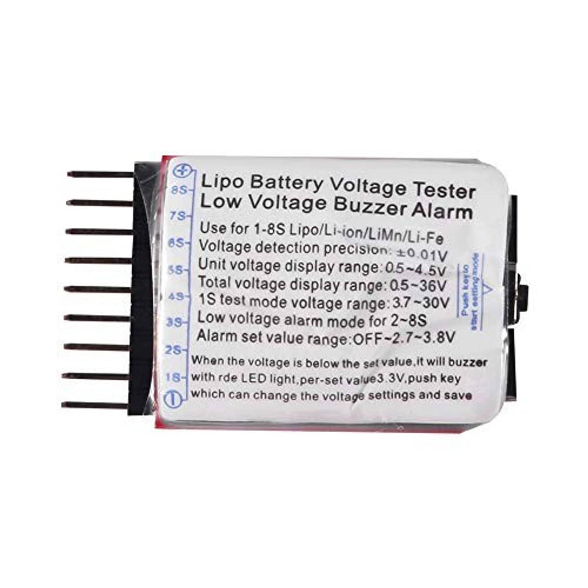 Lipo battery voltage tester with label, side pins, and input jack on a compact board