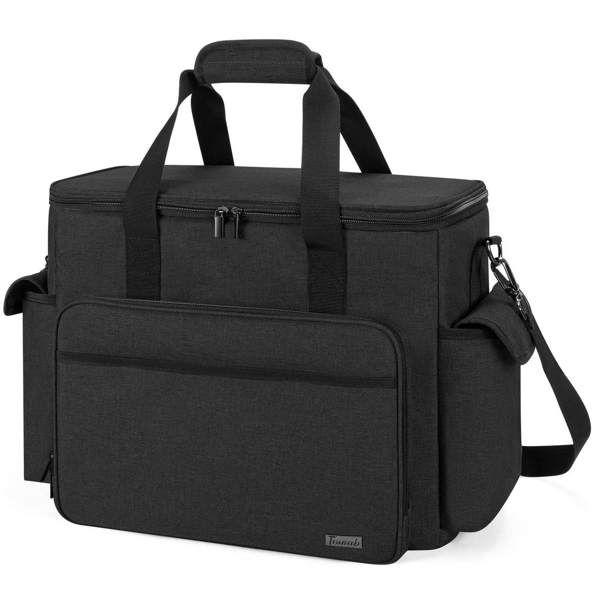 Large black scrapbook bag with padded laptop sleeve and top carry handles