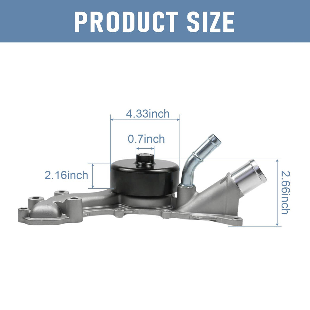 Water pump with black pulley and silver outlet pipes, shown with size diagram