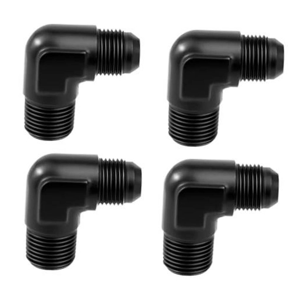 Four black 90-degree elbow male fittings with external threaded ports