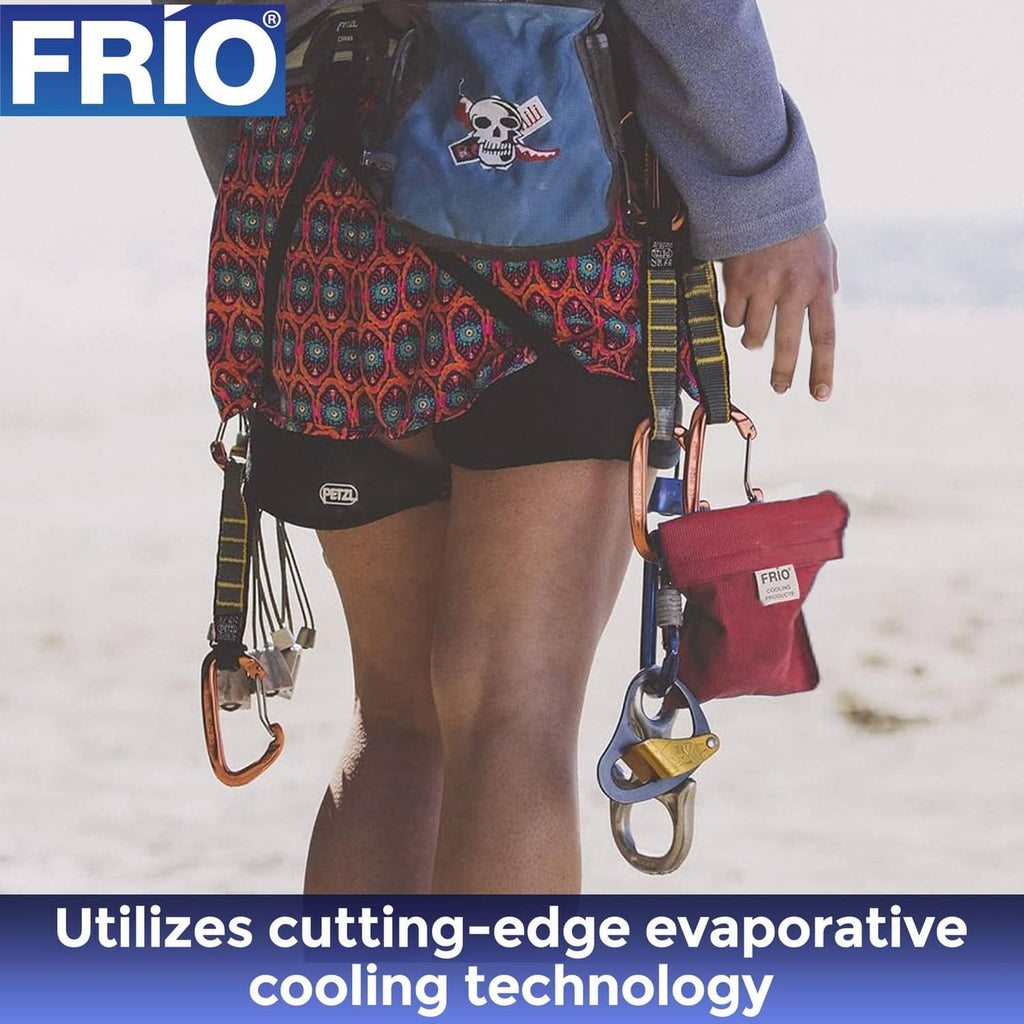 Red FRIO cooling wallet worn with clips and carabiners, hanging at side
