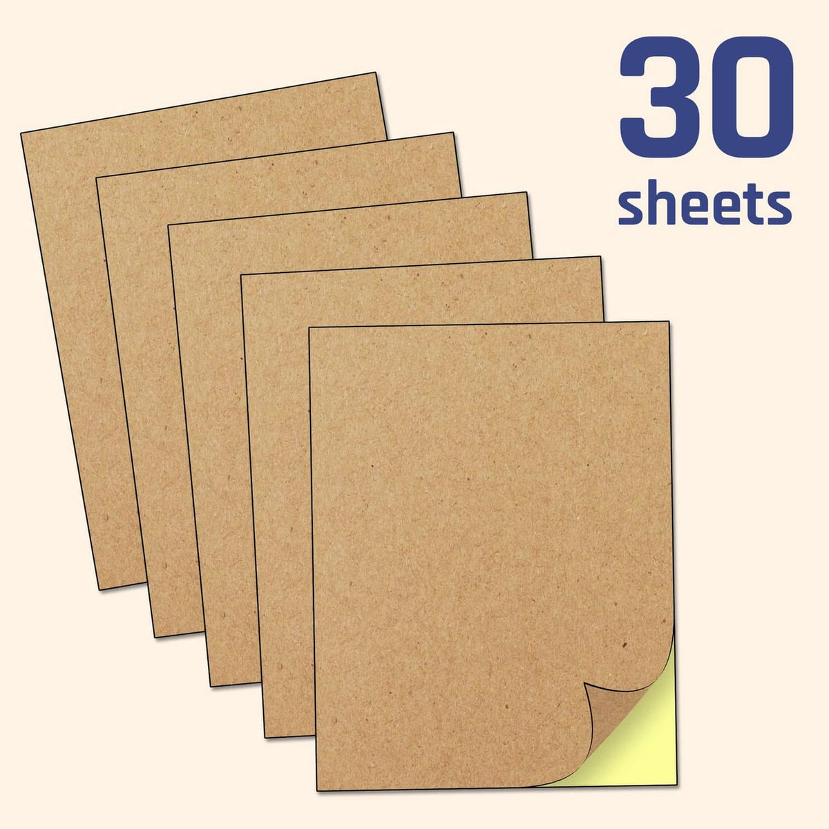 Stack of kraft sticker paper sheets, 30 pack of square label forms with peel corners