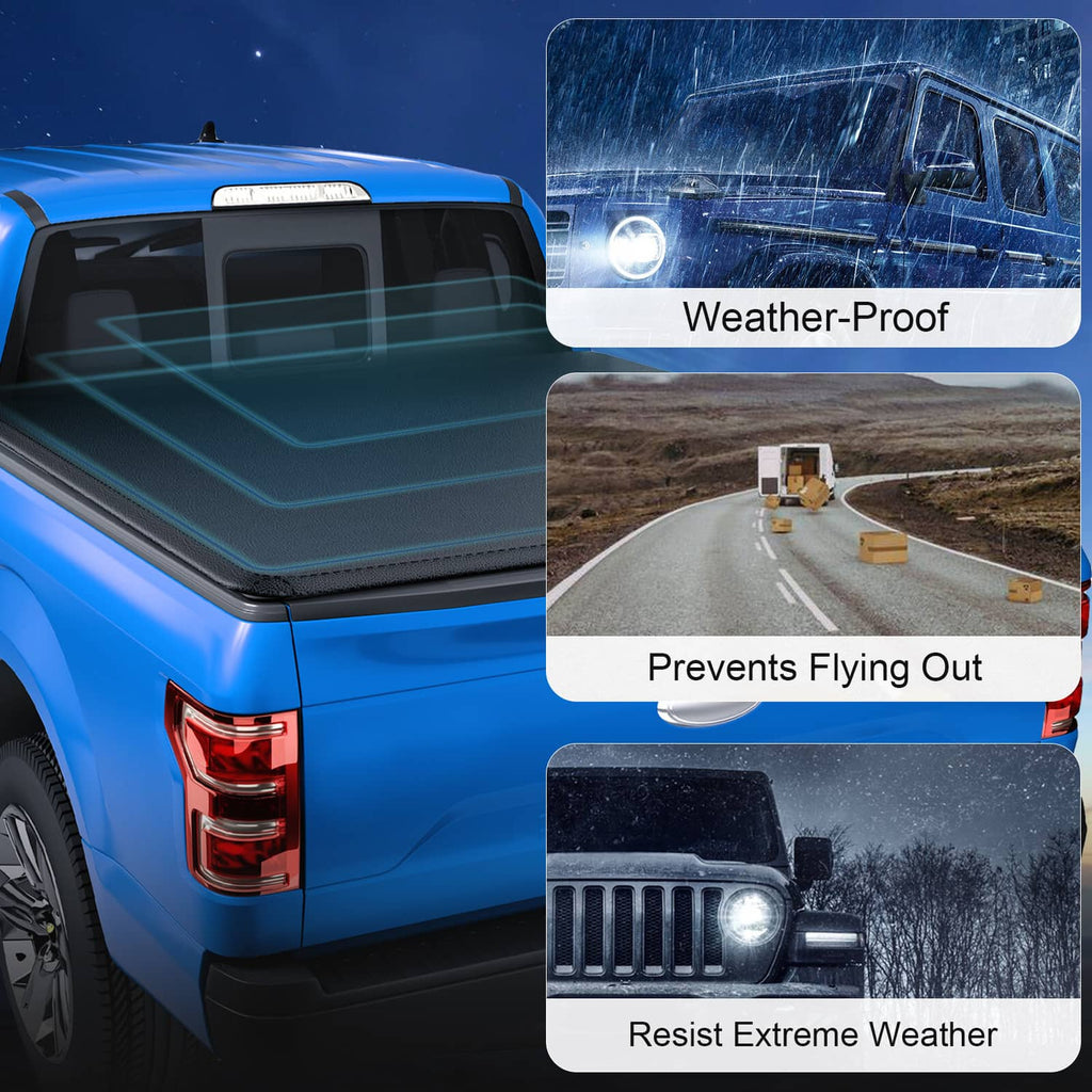 Black soft roll-up vinyl tonneau cover on pickup bed with protective coverage