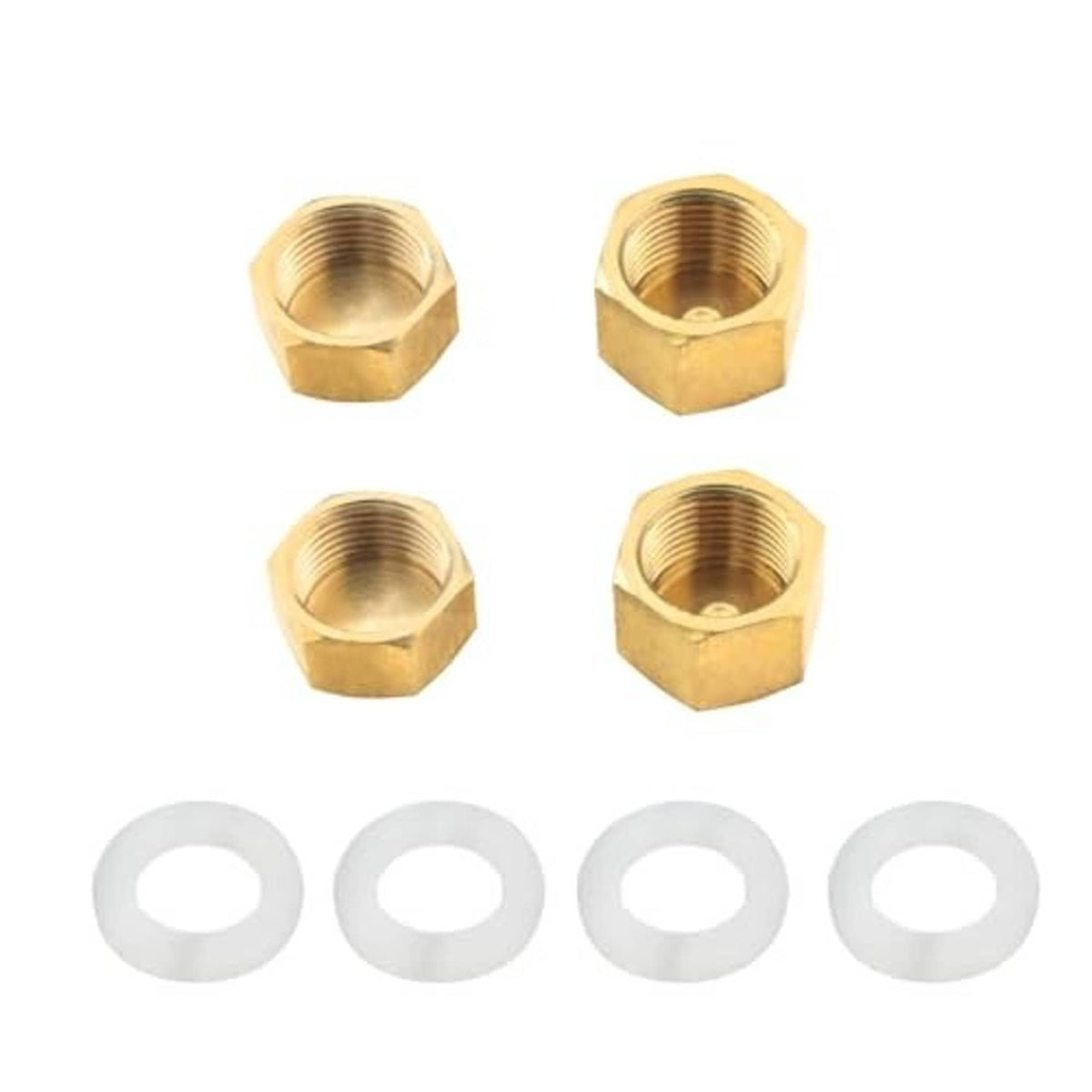 Laid-out brass hex pipe plug caps with rubber washers, four-piece set, 3/8 in NPT