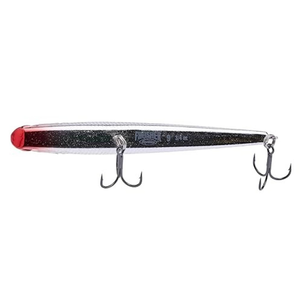 Top view of black and silver fishing lure with red nose and three hooks