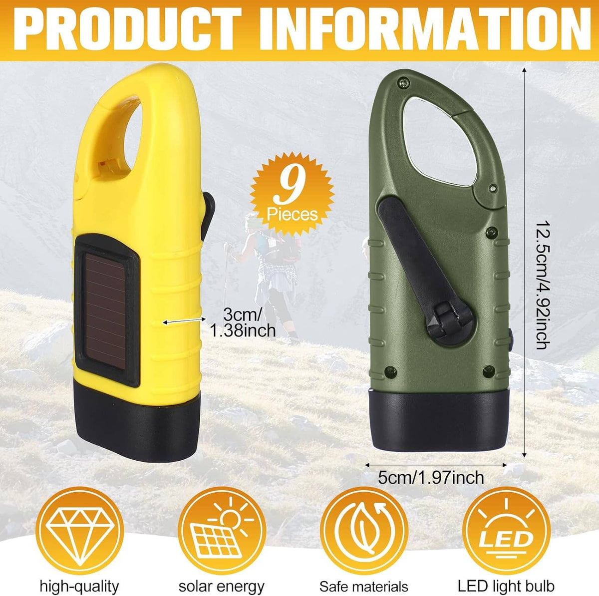 Green and yellow solar hand-crank flashlights with solar panel and carry handle