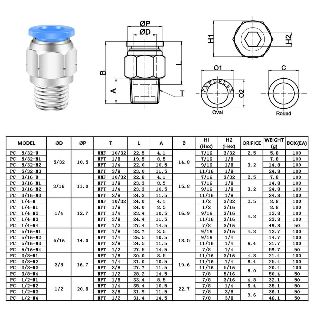 Air push-to-connect fitting technical drawing with 1/4 NPT thread dimensions
