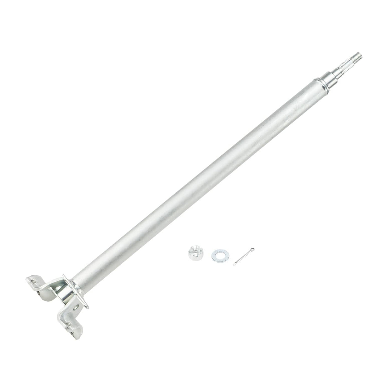 Steering stem shaft with base clamp bracket, showing metal tube and included parts