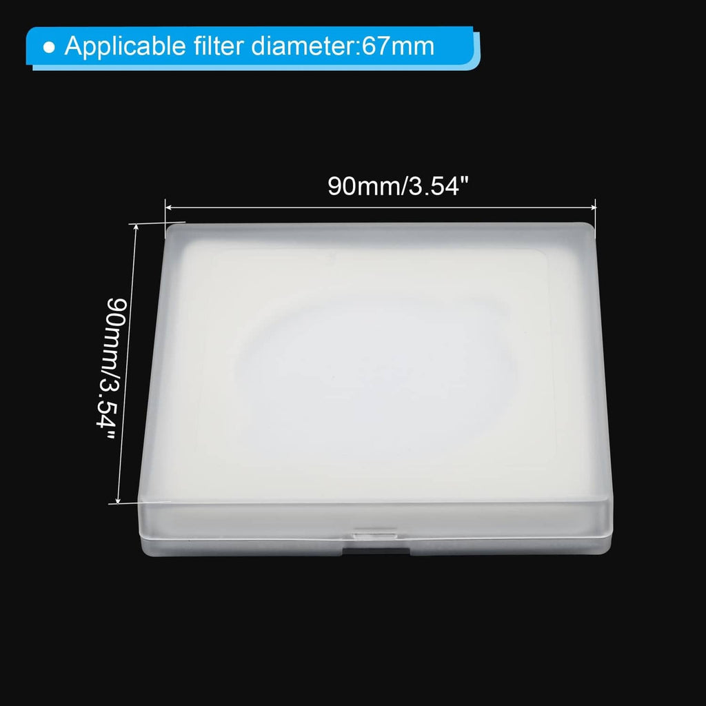 Clear 67mm lens filter storage case with snap-shut lid and raised white tray