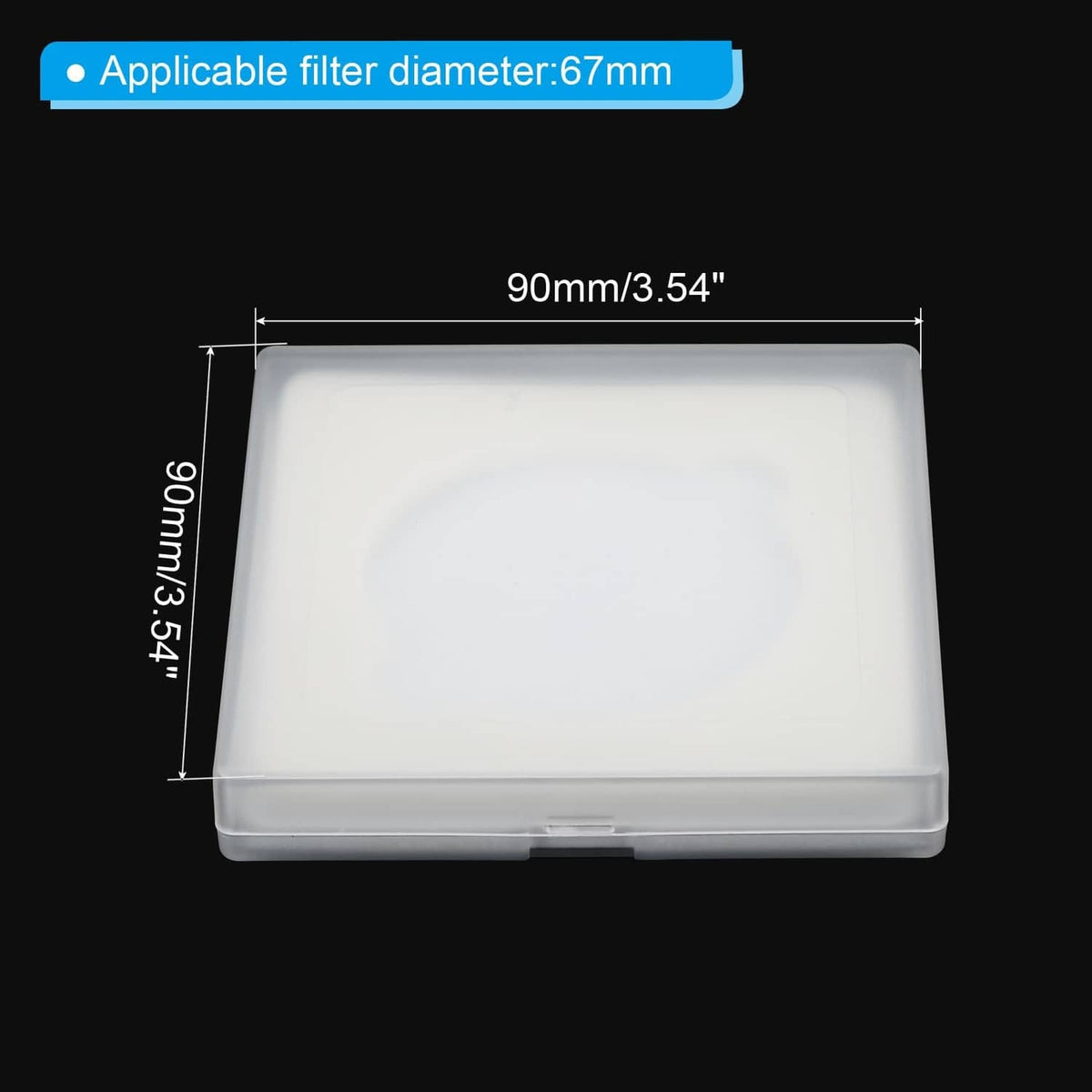 Clear 67mm lens filter storage case with snap-shut lid and raised white tray