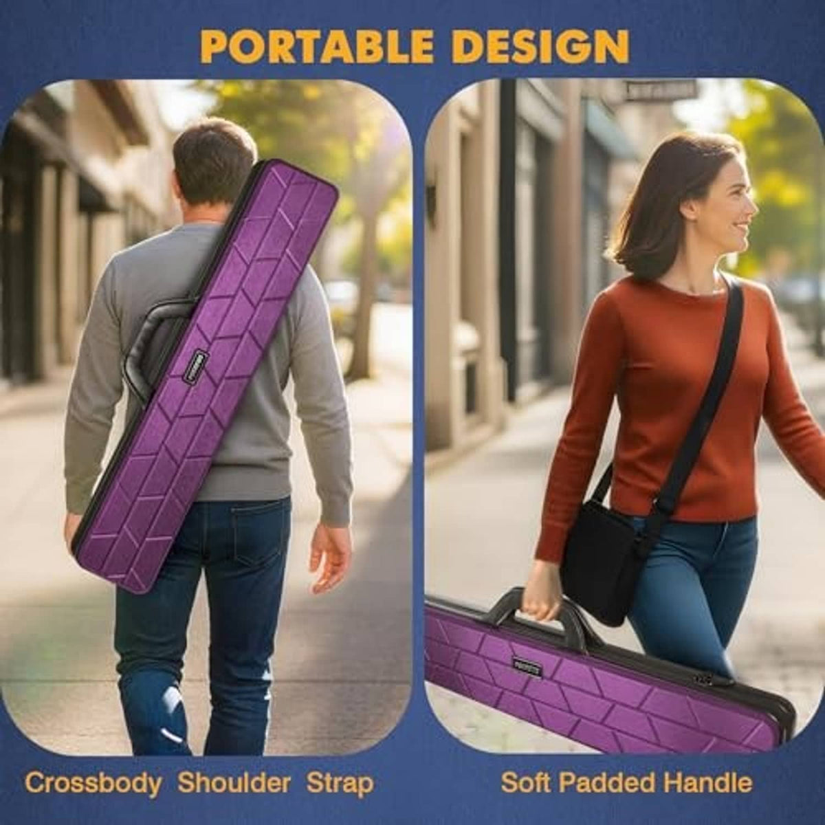 Purple hard pool cue case with padded handle and crossbody shoulder strap