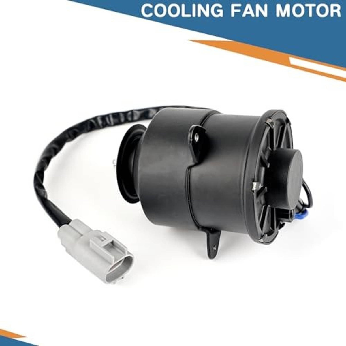 Radiator cooling fan motor with black housing and gray connector, wire harness attached