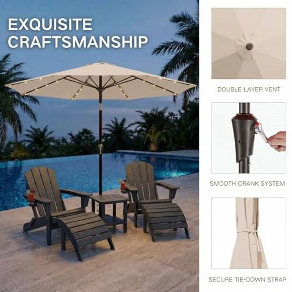 Beige outdoor patio umbrella with solar LED lights above poolside seating
