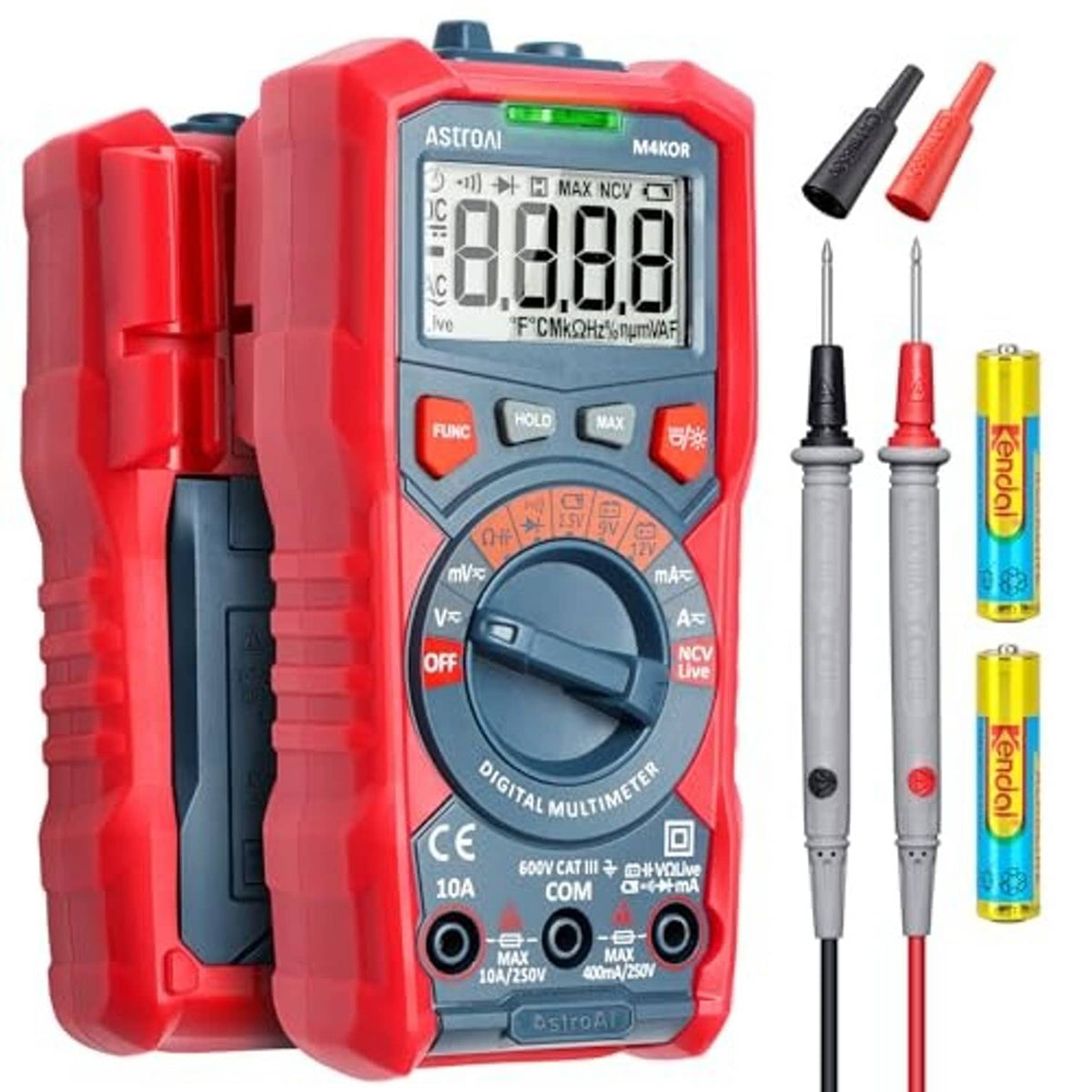 Red digital TRMS multimeter with LCD screen and two test probes
