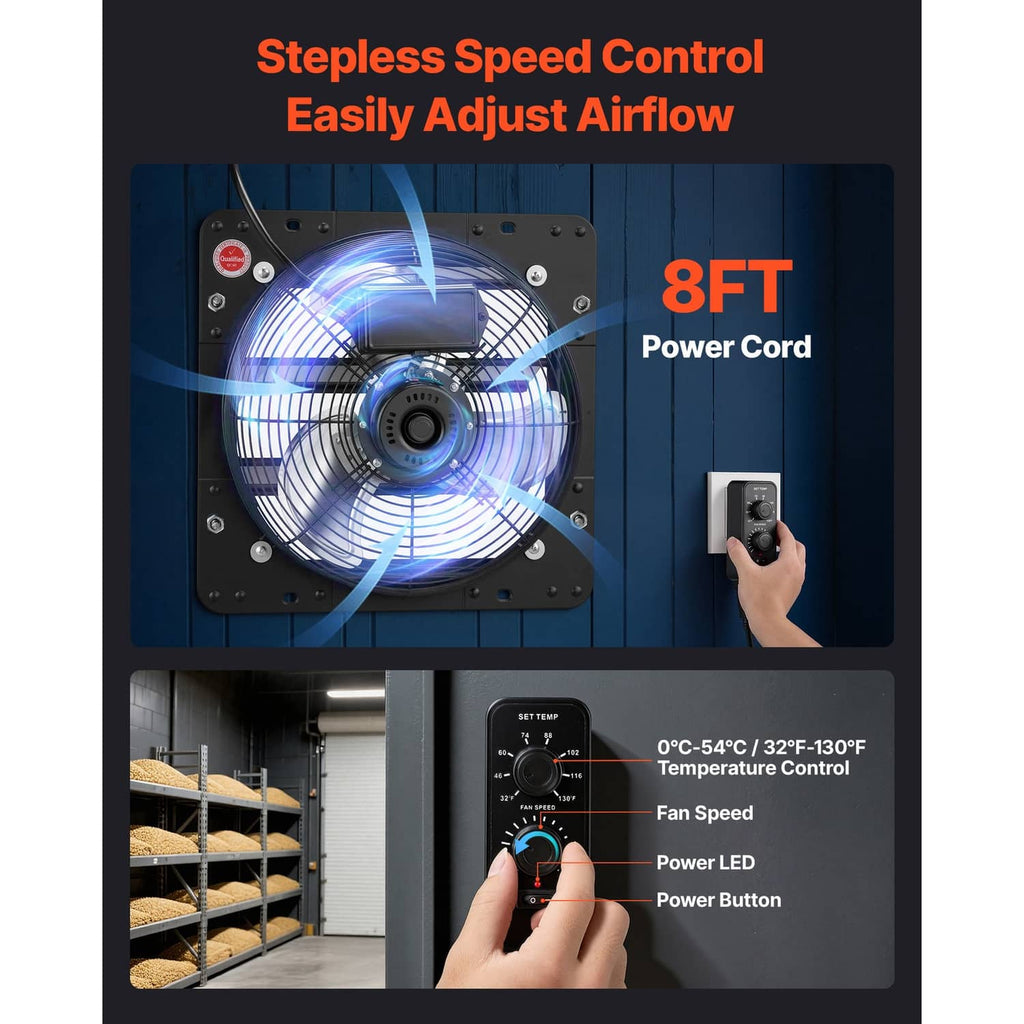 Wall-mount shutter exhaust fan speed control graphic with thermostat and power controls