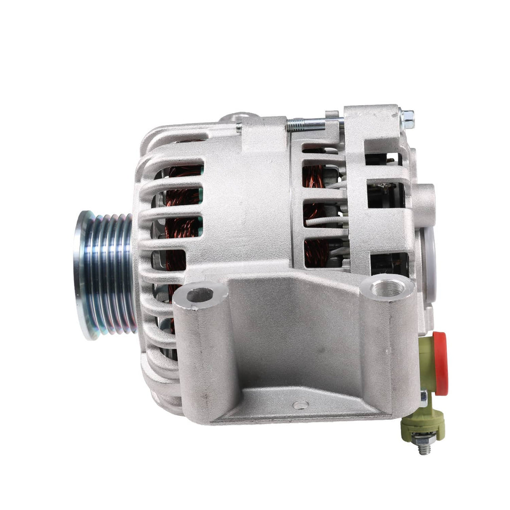 Automotive alternator side view with threaded inlet and cooling vents