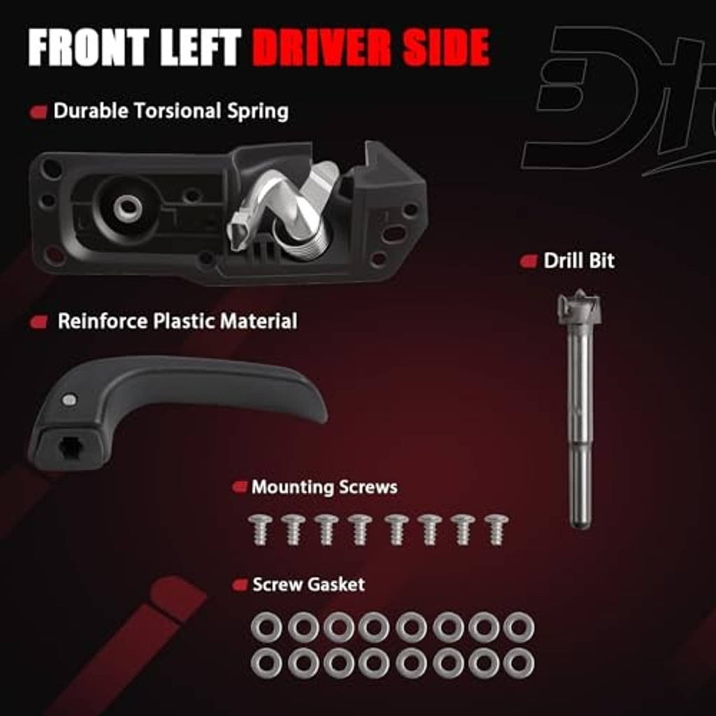 Inside door handle kit parts: torsional spring, mounting screws, and screw gaskets