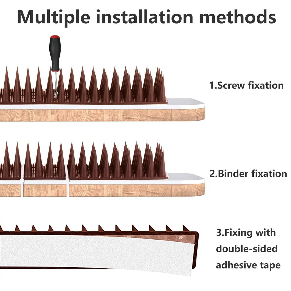 Brown spike strip showing installation options: screw, binder, and double-sided tape