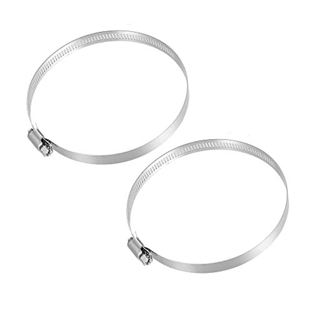 Two silver metal hose clamps with worm-gear tightening bands