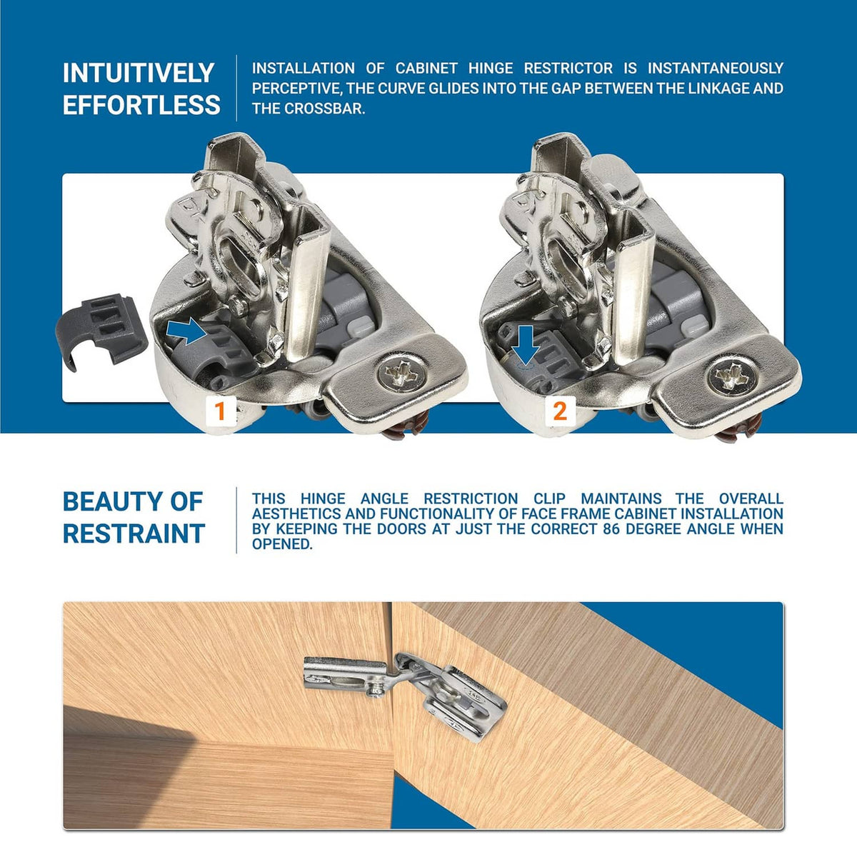 Cabinet hinge with grey plate and black angle restriction clip, close-up on mount area.