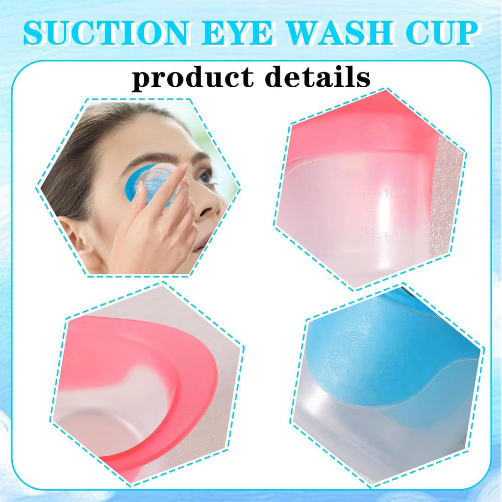 Close-up suction eye wash cup rims in pink and blue silicone over clear cup wells