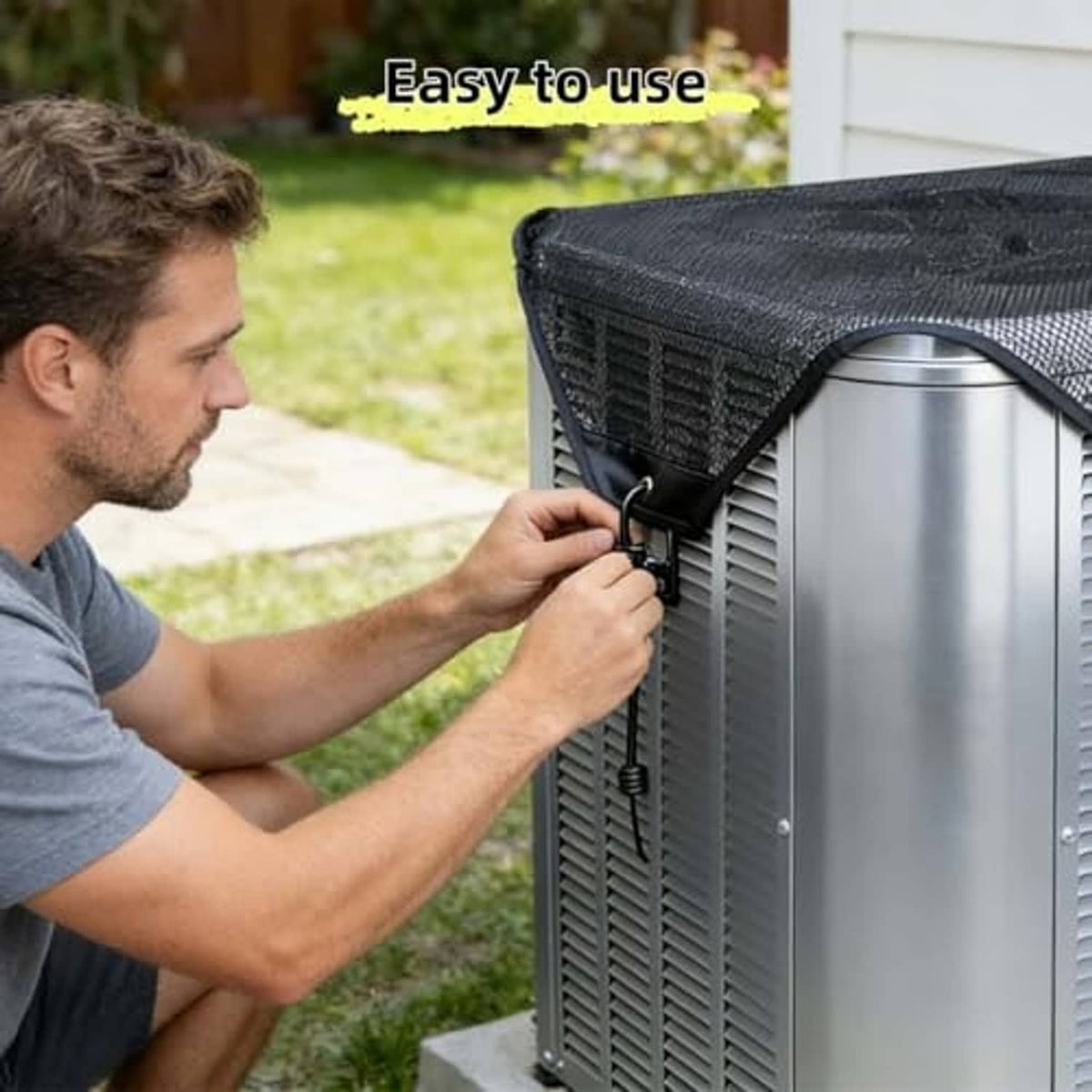 Outdoor AC unit cover being secured with hook-and-rope tie under the mesh