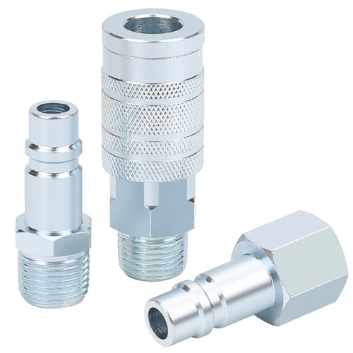 Silver 1/2 in I/M industrial air hose fittings set with knurled metal body and threads