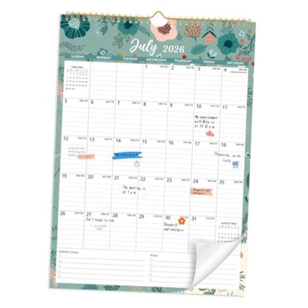 Floral wall calendar showing July 2026, with daily planning grid and hanging wire top