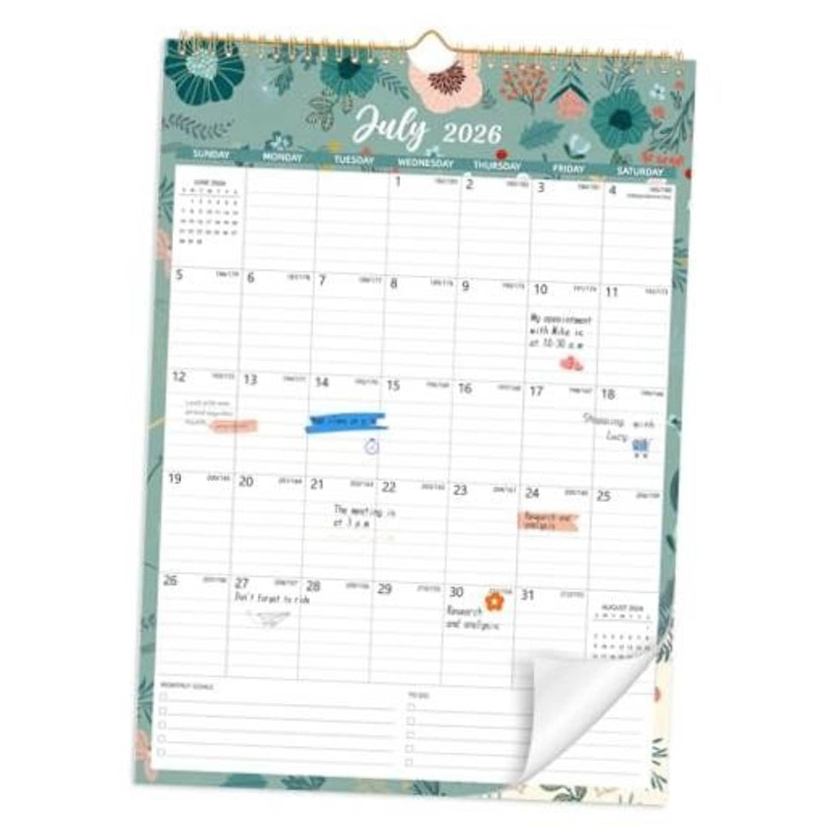 Floral wall calendar showing July 2026, with daily planning grid and hanging wire top