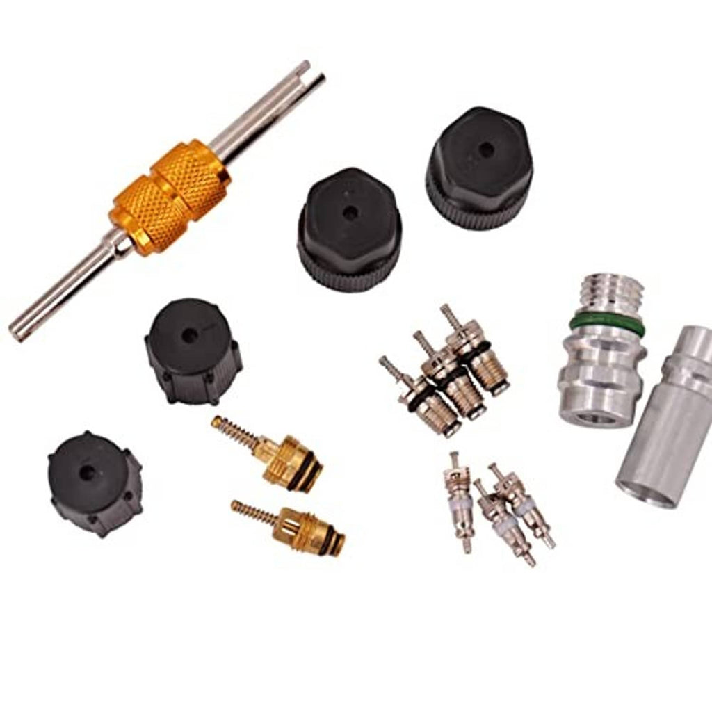AC valve core kit set with orange insertion tool, black seal caps, and silver valve adapters
