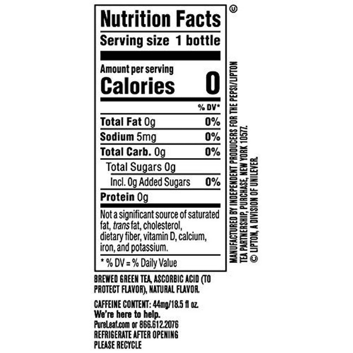 Pure Leaf green tea nutrition facts panel for 1 bottle serving size