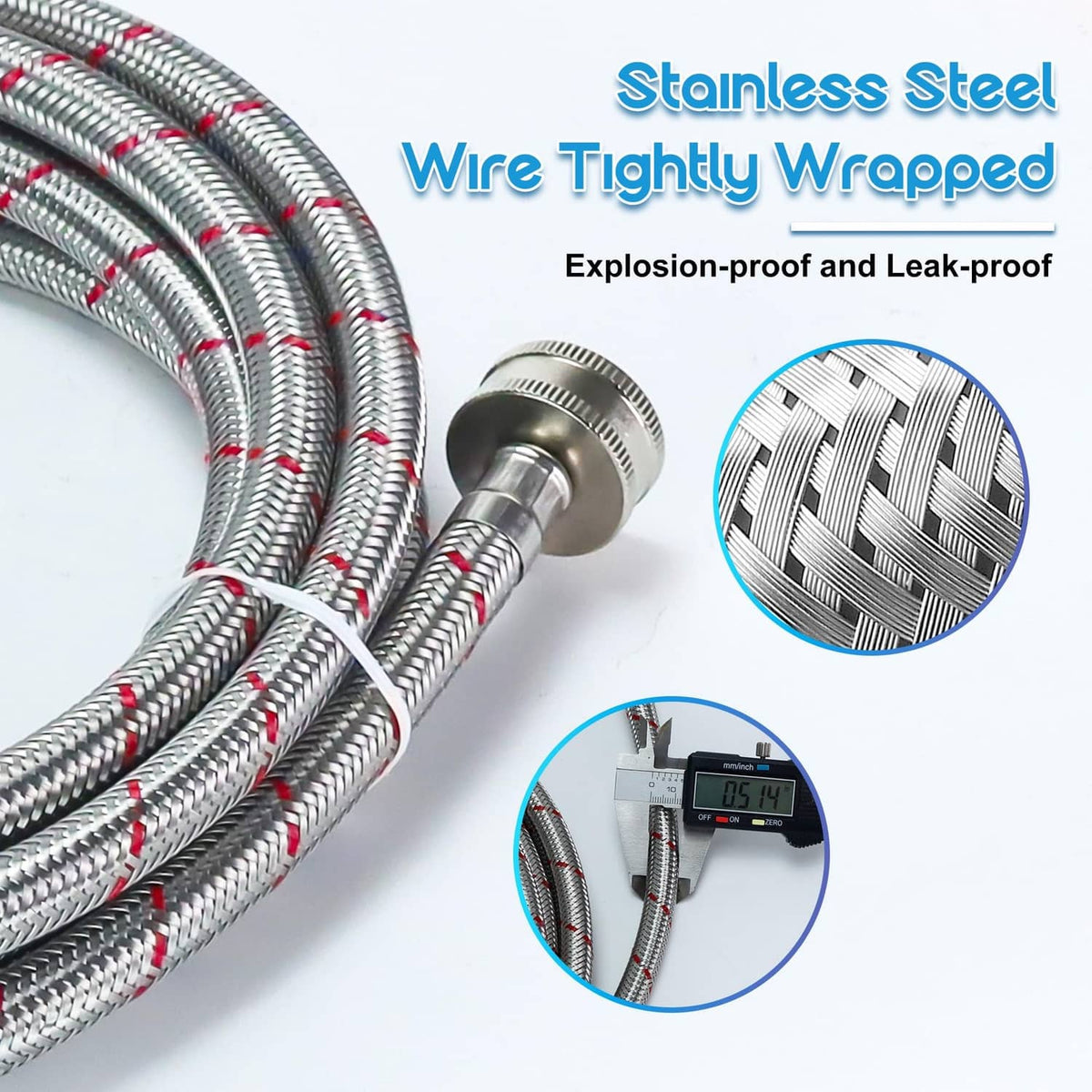 Braided stainless steel washer hose with tightly wrapped mesh and metal threaded connector ends