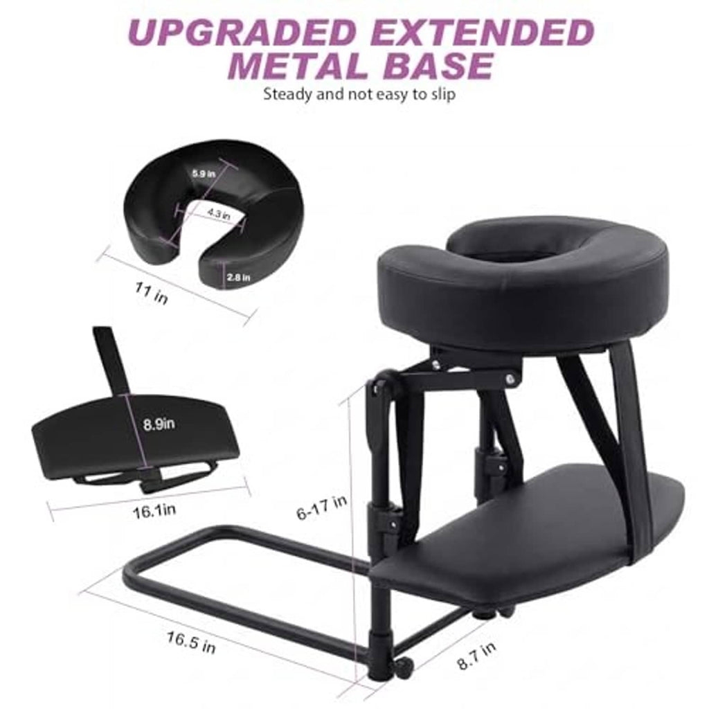 Black massage headrest with extended metal base and padded seat, adjustable stand