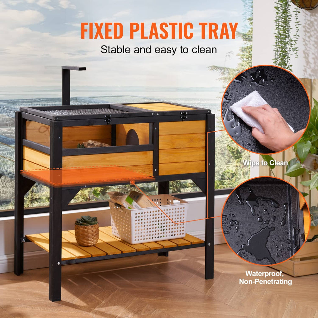 Wooden reptile habitat with fixed plastic tray, two-tier wooden compartments, and black frame