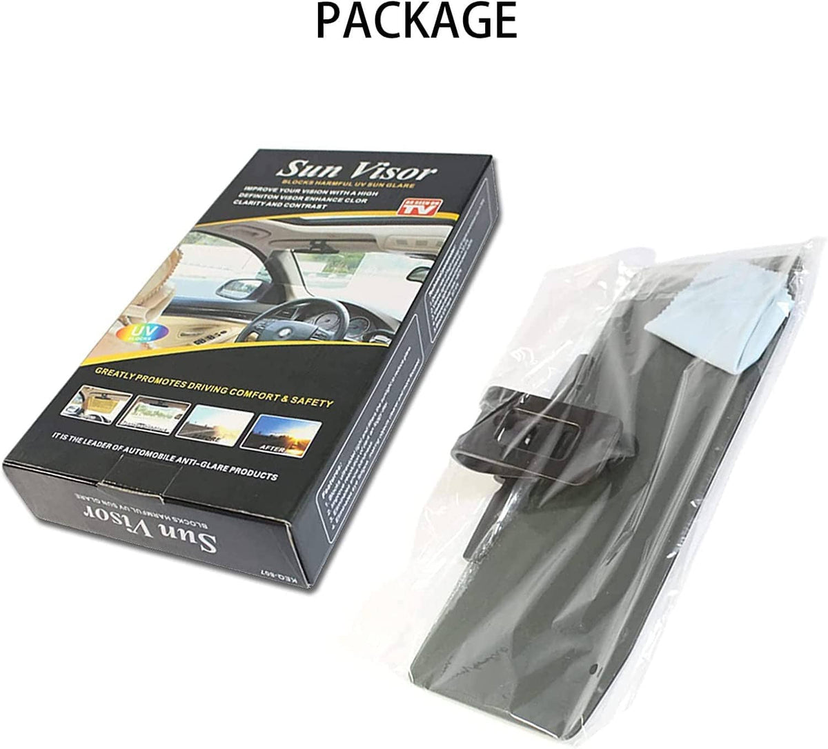 Sun visor extender kit in package with dark tinted panel and black clip mount in bag