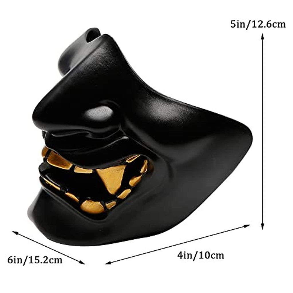 Black demon half-face mask with gold teeth, side profile view