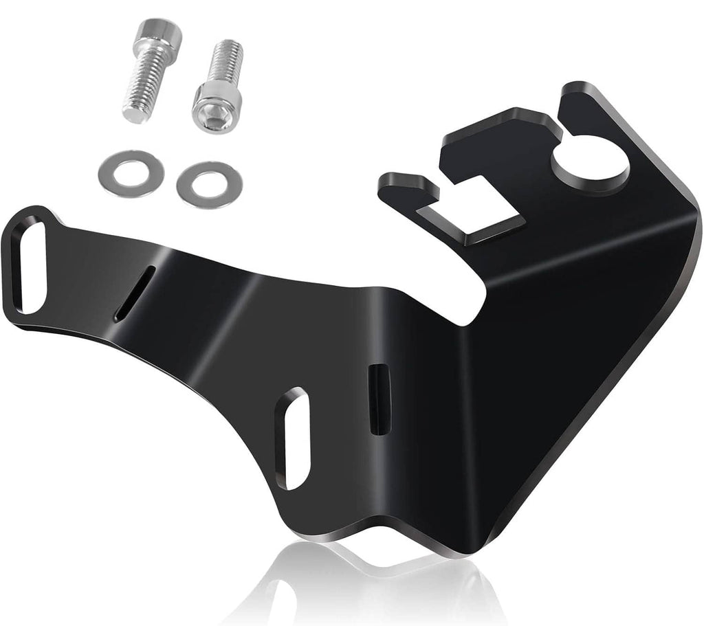 Black throttle cable bracket kit with mounting bolts and washers, intake manifold accessory.