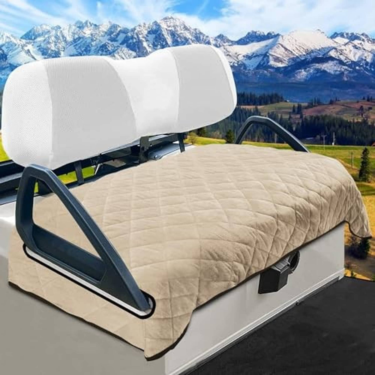 Khaki short plush seat cover set with quilted surface and dark side arm openings.