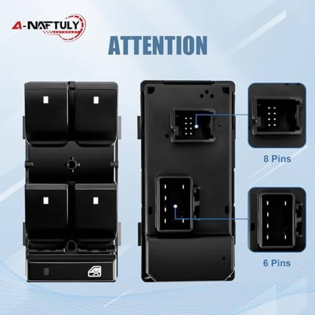 Black window switch with exposed connector panels and pin layouts (8 pins, 6 pins)