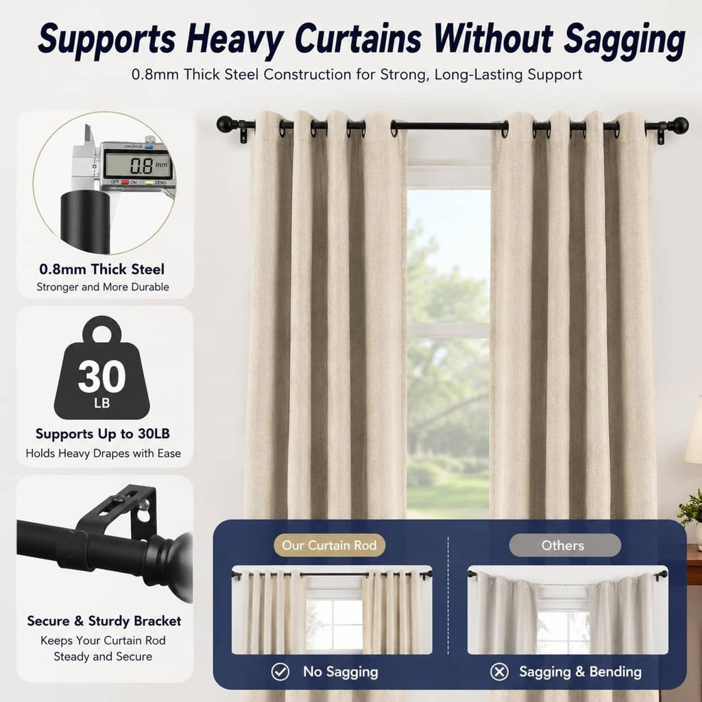 Matte black curtain rod system with sturdy bracket and round end finials
