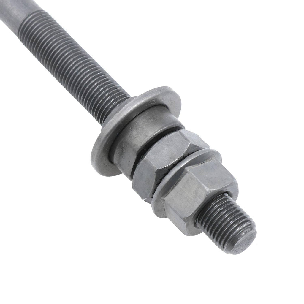 Rear hub axle bolt with threaded shaft and hex nut, gray metal with black ring